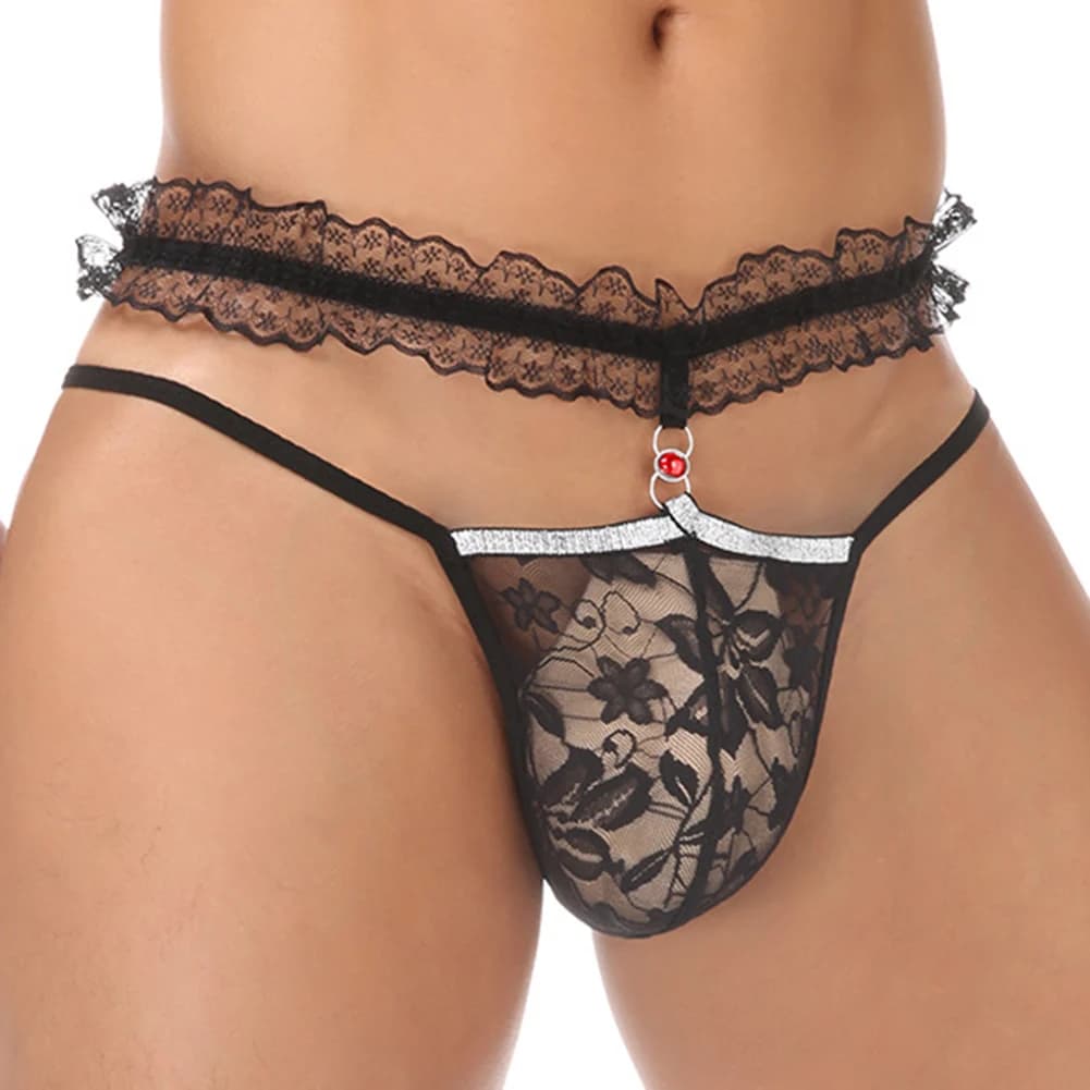 1pc Mens Sexy Pizzo Trasparente Perizoma Gay Sissy Cross-dressing G-String Biancheria Intima Mutandine Vita Bassa Mutande Bikini T-back