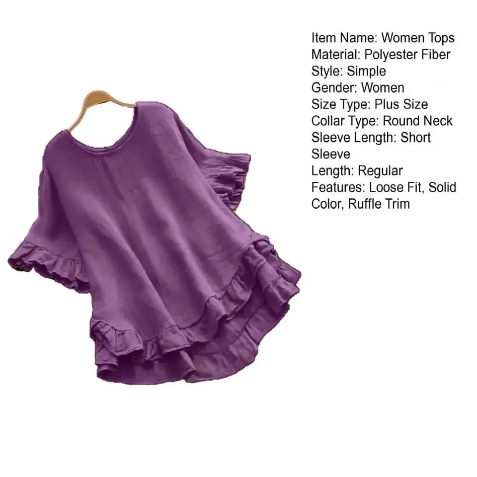 Top e Camicette da Donna con Volant, Blusa a Maniche Corte, Abbigliamento Femminile Casual Tinta Unita, Girocollo Ampio, Blusa con Orlo a Volant