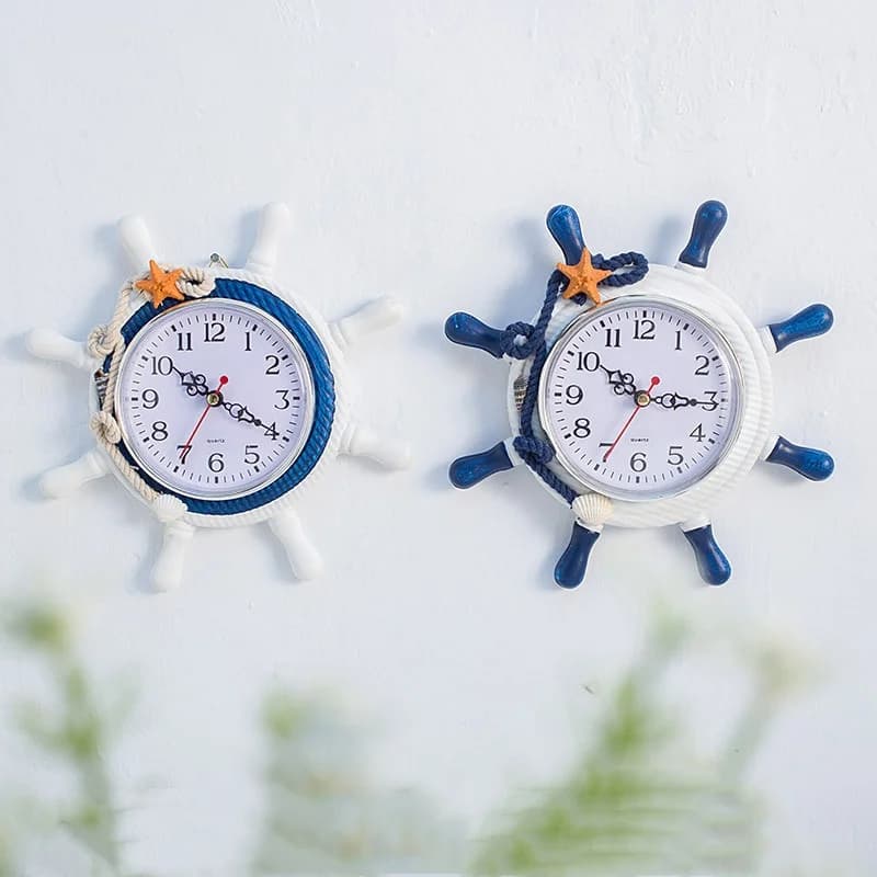 Mediterranean wall clock Wooden anchor clock Beach theme Boat decoration with ship wheel Wall hanging decoration