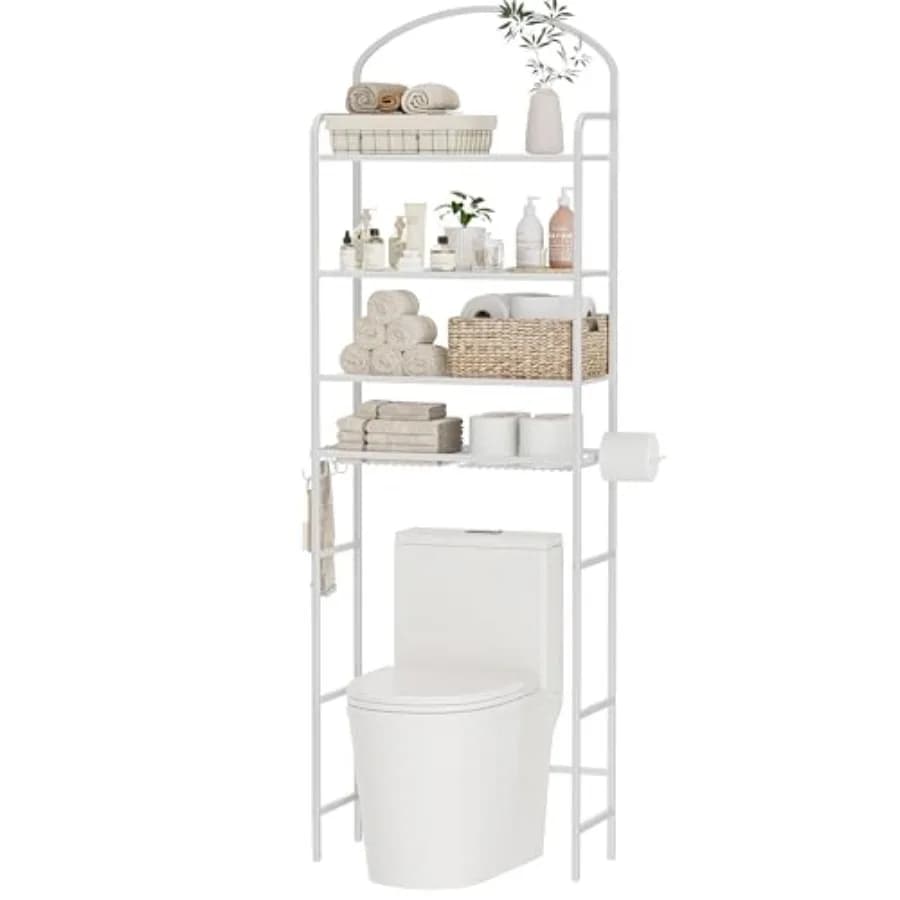 Organizzatore da Bagno Salvaspazio Sopra il WC con 4 Ganci e Portarotolo, Scaffale in Metallo