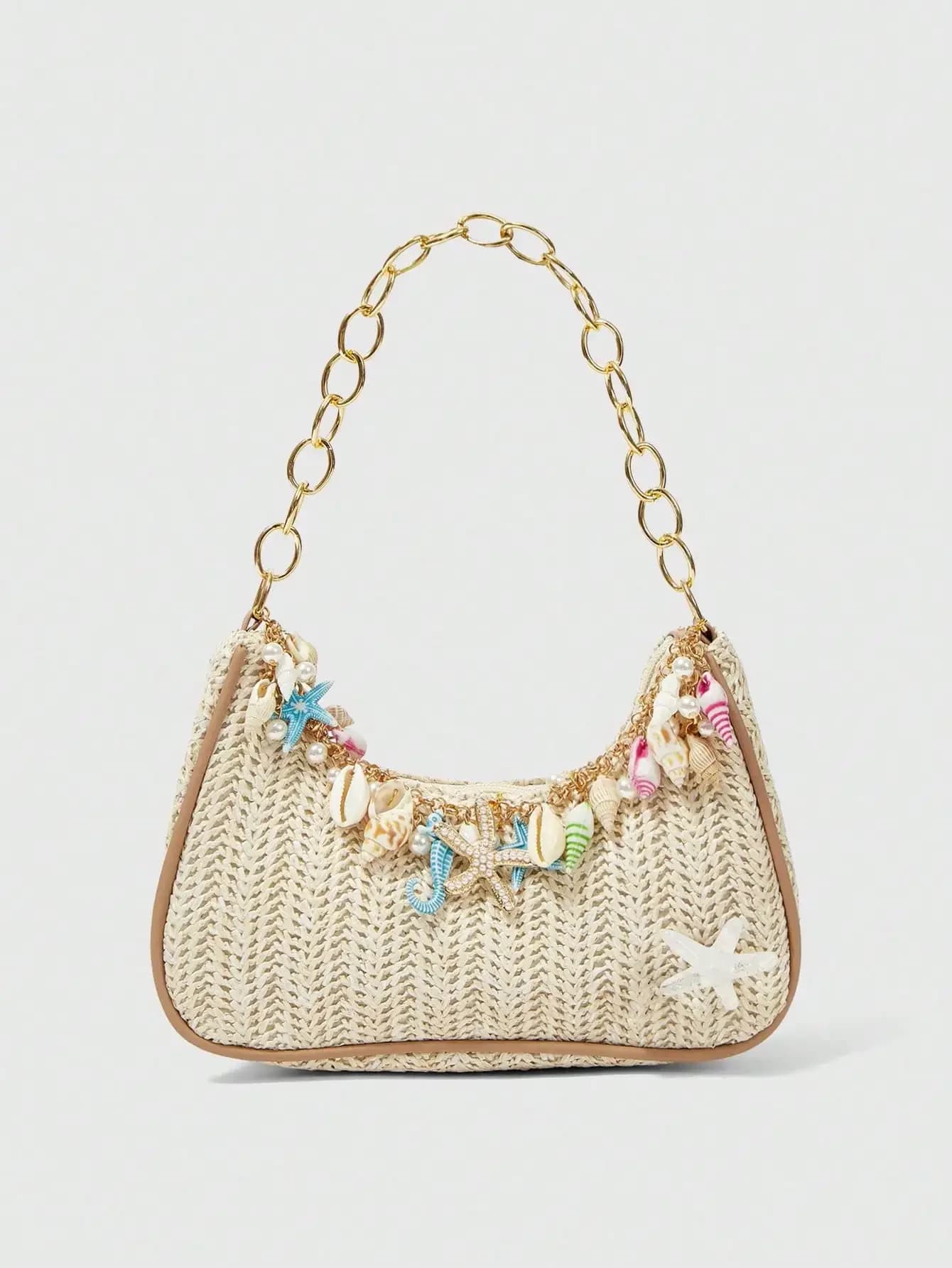 ROMWE Fairycore 1pc Borsa a tracolla/tote in paglia con stelle marine, serie estiva da spiaggia (decorazione a posizionamento casuale)