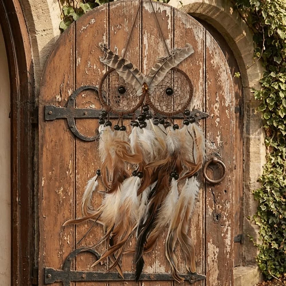 Feather Wall Hanging Owl Shaped Dream Catcher Brown Feathers Circular Net Wind Chimes Handcrafted Wall Hanging Living Room