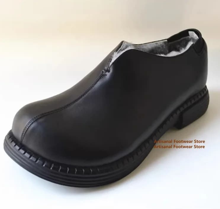 Anti Slip Thick Soled Snow Boots for Men Real Wool Low Top Cotton Shoes Brown/black Leather Slip On Loafers Trendy Men's Shoes