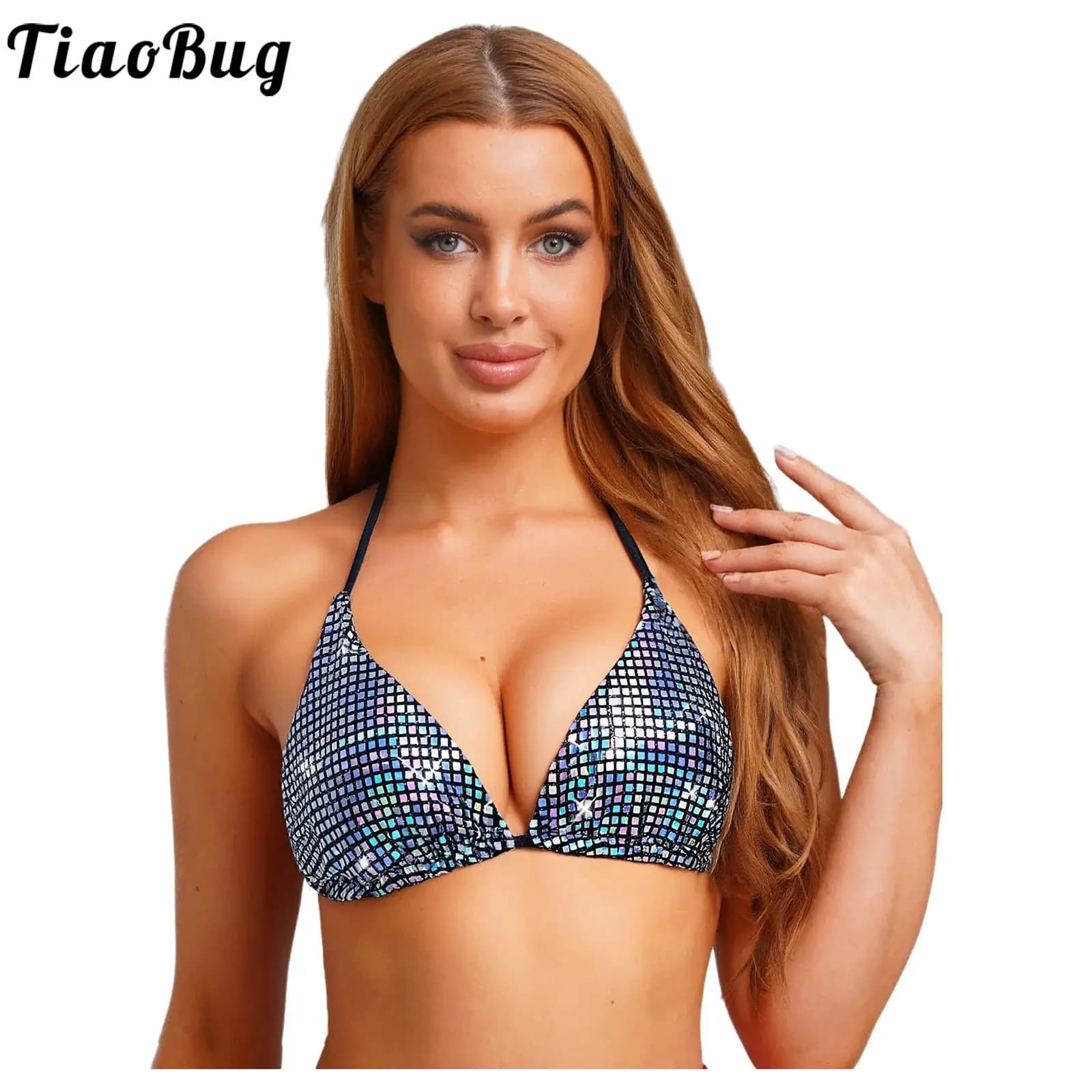Donna Sissy Metallic Shiny Bikini Top Triangolo Coppa Backless No-wire No-Pad Reggiseno con lacci Top Beachwear Costume da bagno Intimo Brassier