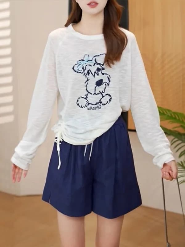 Women's Lightweight Long Sleeve T-Shirt Sun Protection Drawstring Hem Knot Design Commute Style Ultra-Short Length