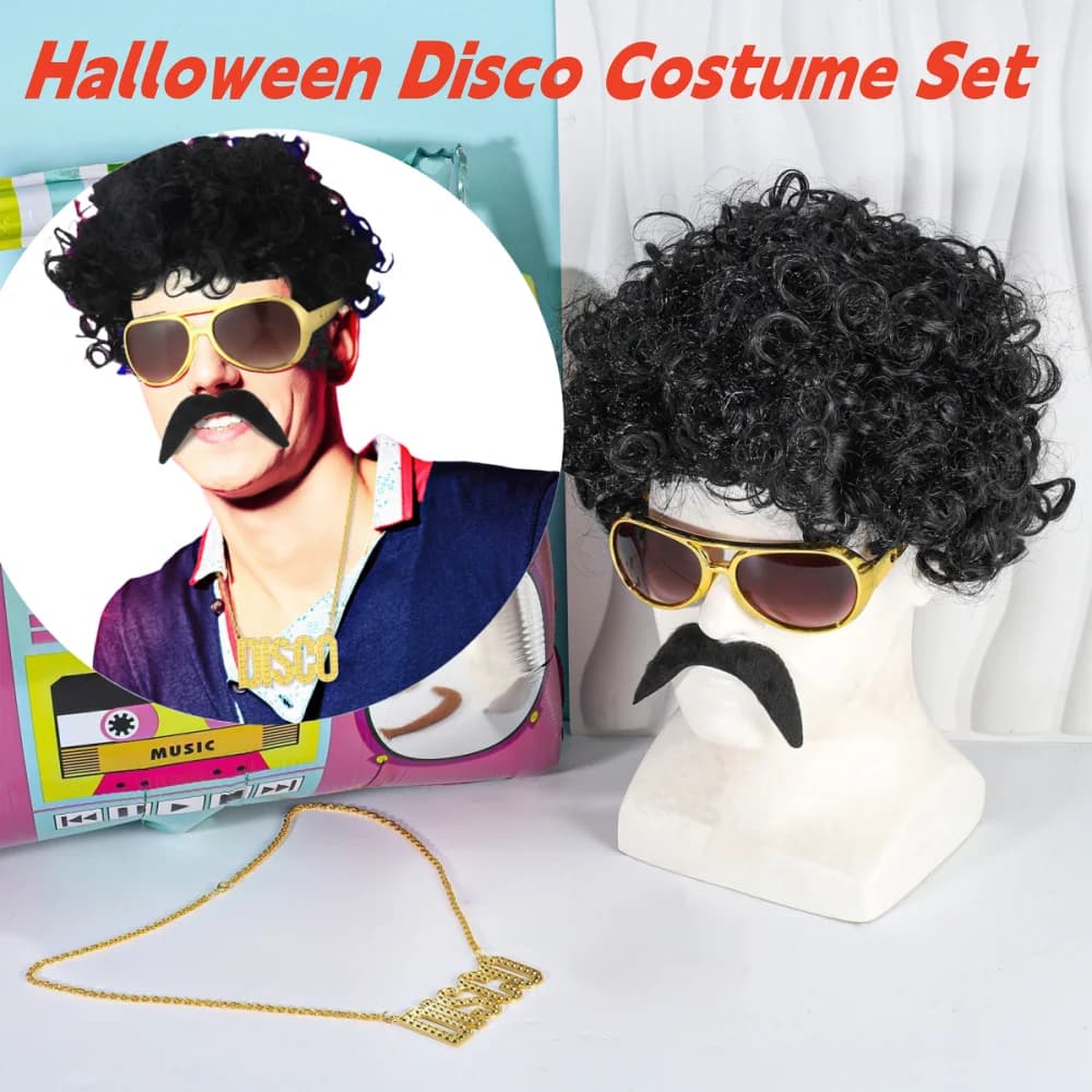 Festa di Halloween anni '70 anni '80 Costume da discoteca Set Parrucca africana + occhiali + collana DISCO + barba Parrucca sintetica Accessori Cosplay Rock