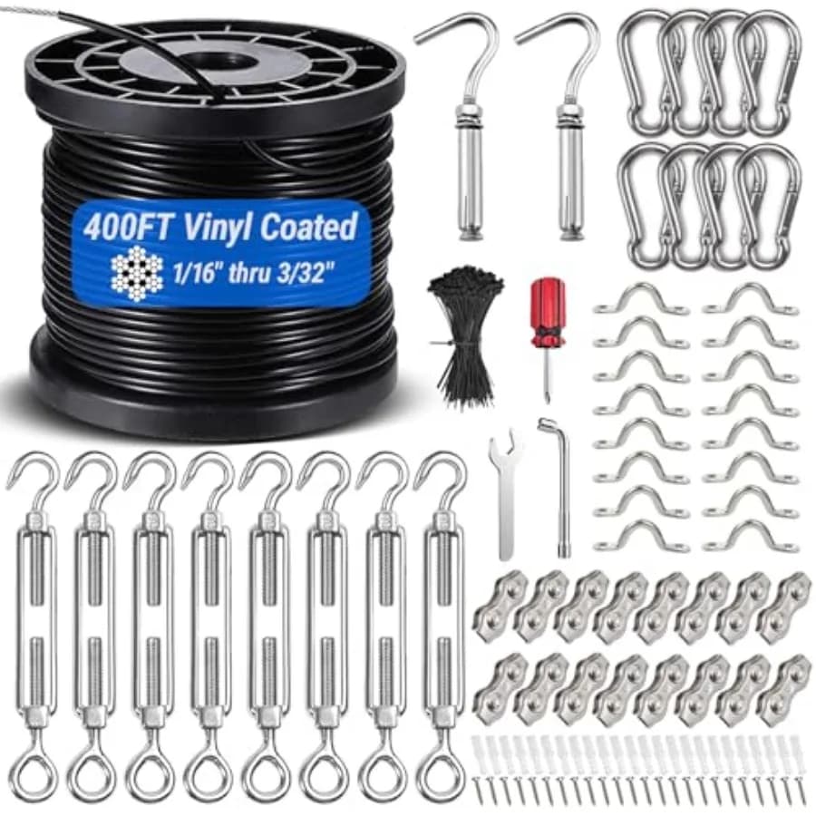 Kit di Sospensione per Luci a Corda con Cavo in Acciaio Inox 304 Rivestito in Vinile da 400 Piedi, Kit per Illuminazione Esterna