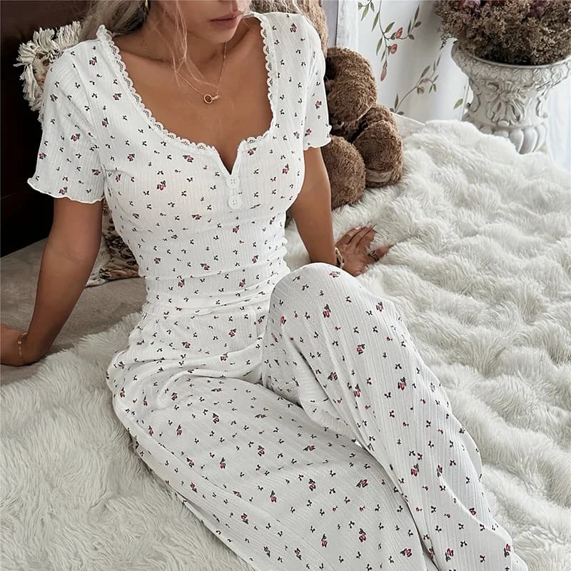 Autumn Winter Floral Printed Short Sleeve Tops and Trousers Suit Women Casual Pajamas Set Comfortable Sleepwear Loungewear