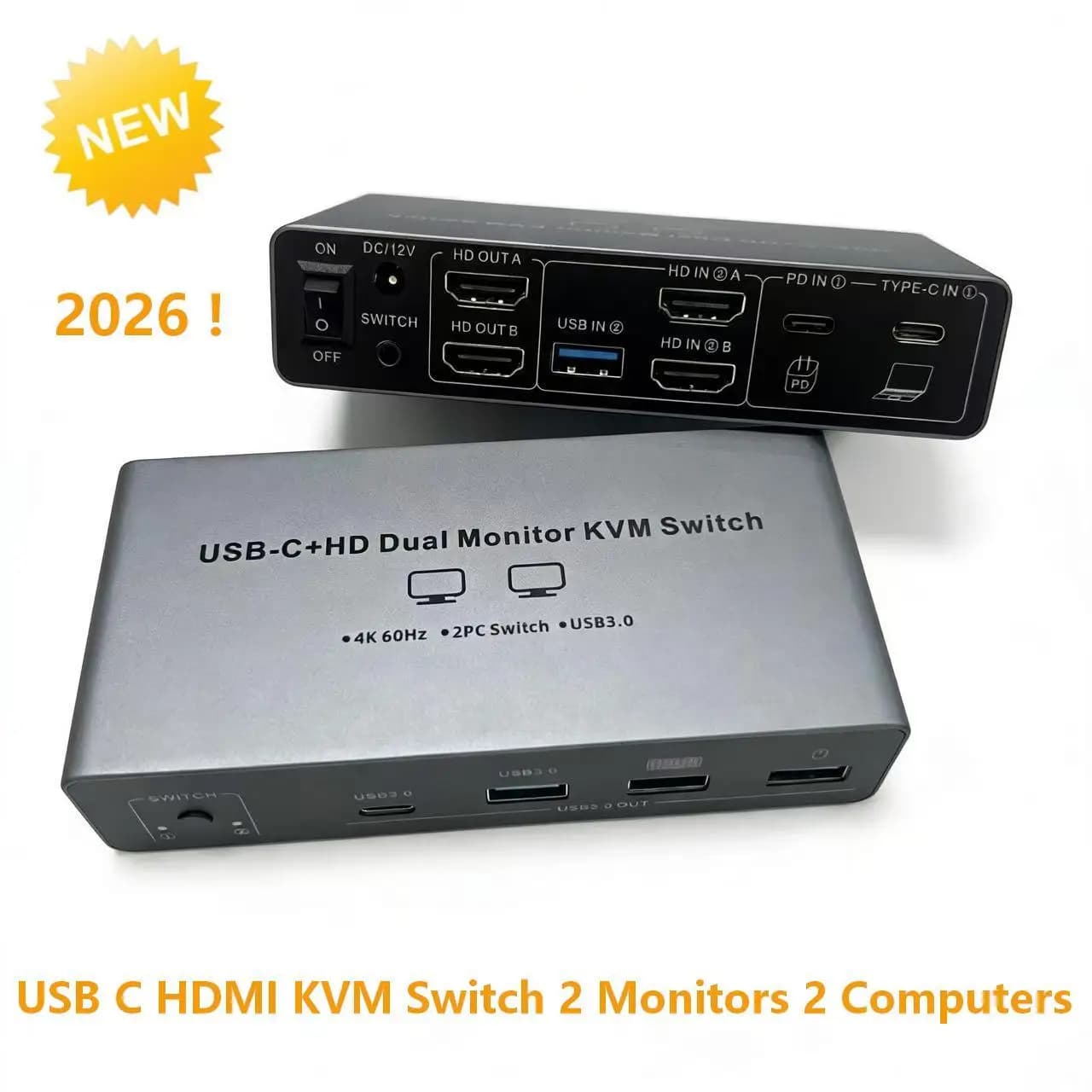 HDMI DP 4K @ 60Hz 2 monitors 2 computers, double monitor KVM switch HDCP 2.2 for 2 PC/laptop Share keyboard mouse