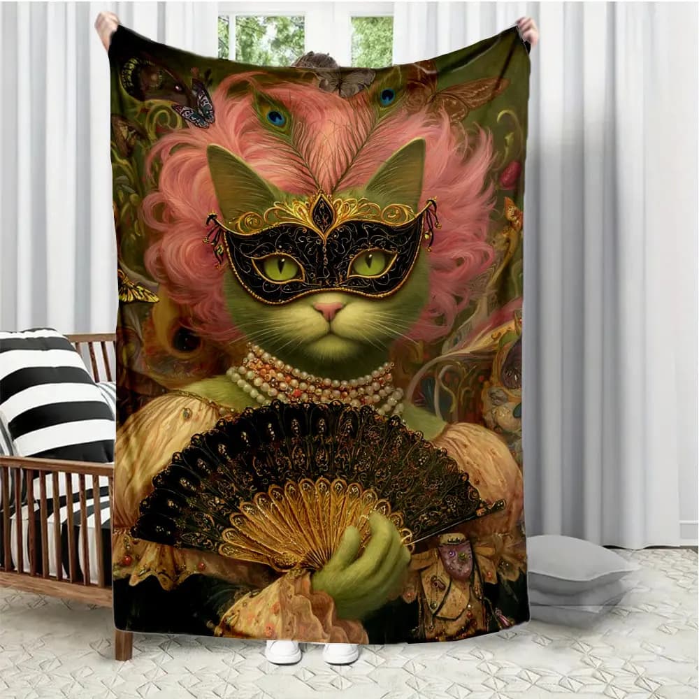 Retro anthropomorphic cat theme Flannel printed blanket suitable for all seasons suitable for living room office sofa and travel
