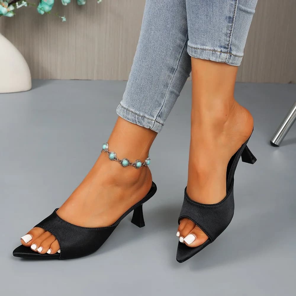 Designer Street Style Satin Summer Women Slippers Comfort Open Toe Mid Heel Shoes Ladies Elegant Slip on Daily Dress Slides