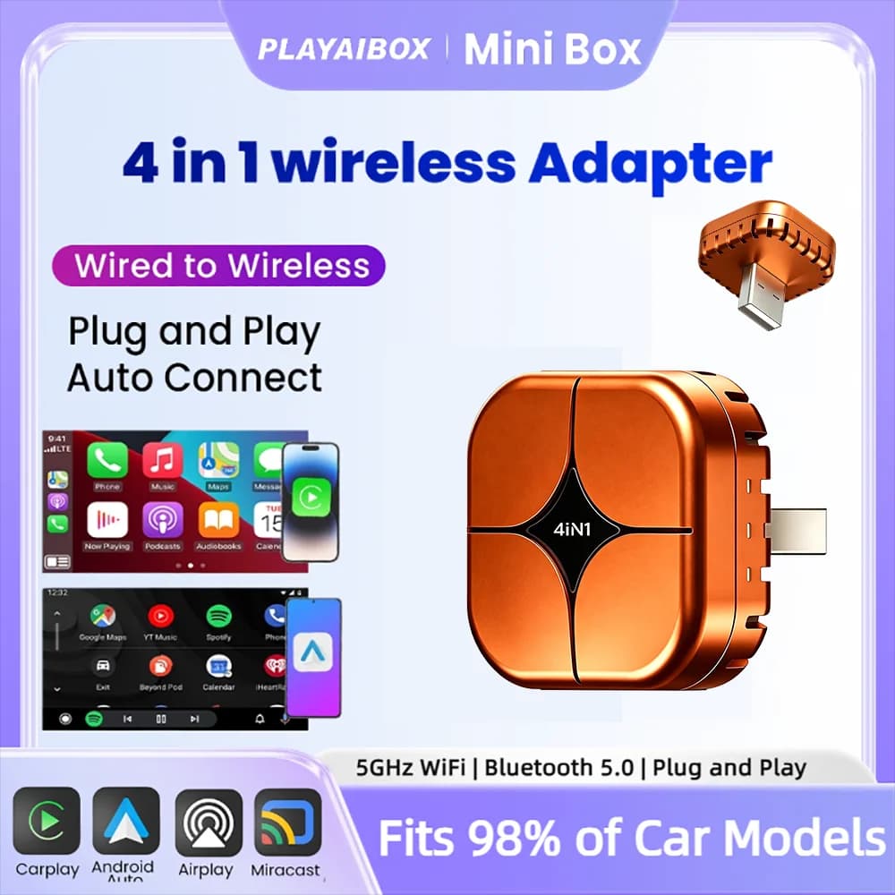 Adattatore Carplay 4in1 Nuovo Aggiornato da Cablato a Wireless, Android Auto, Mirror Link, Smart MiNi Ai Box, USB Plug and Play, Bluetooth, WiFi