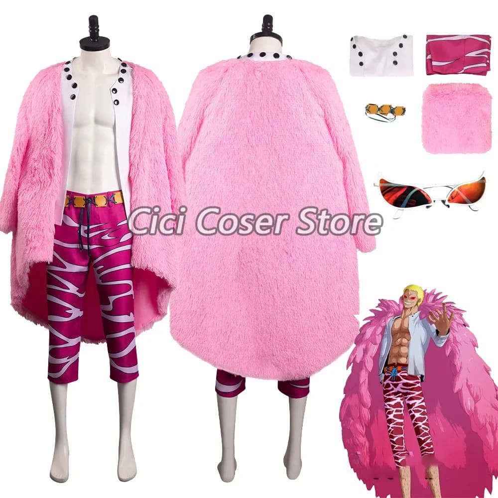 Costume Cosplay Anime JOKER Donquixote Doflamingo, Mantello Rosa Soffice per Uomo e Donna, Outfit per Feste di Halloween e Carnevale con Occhiali