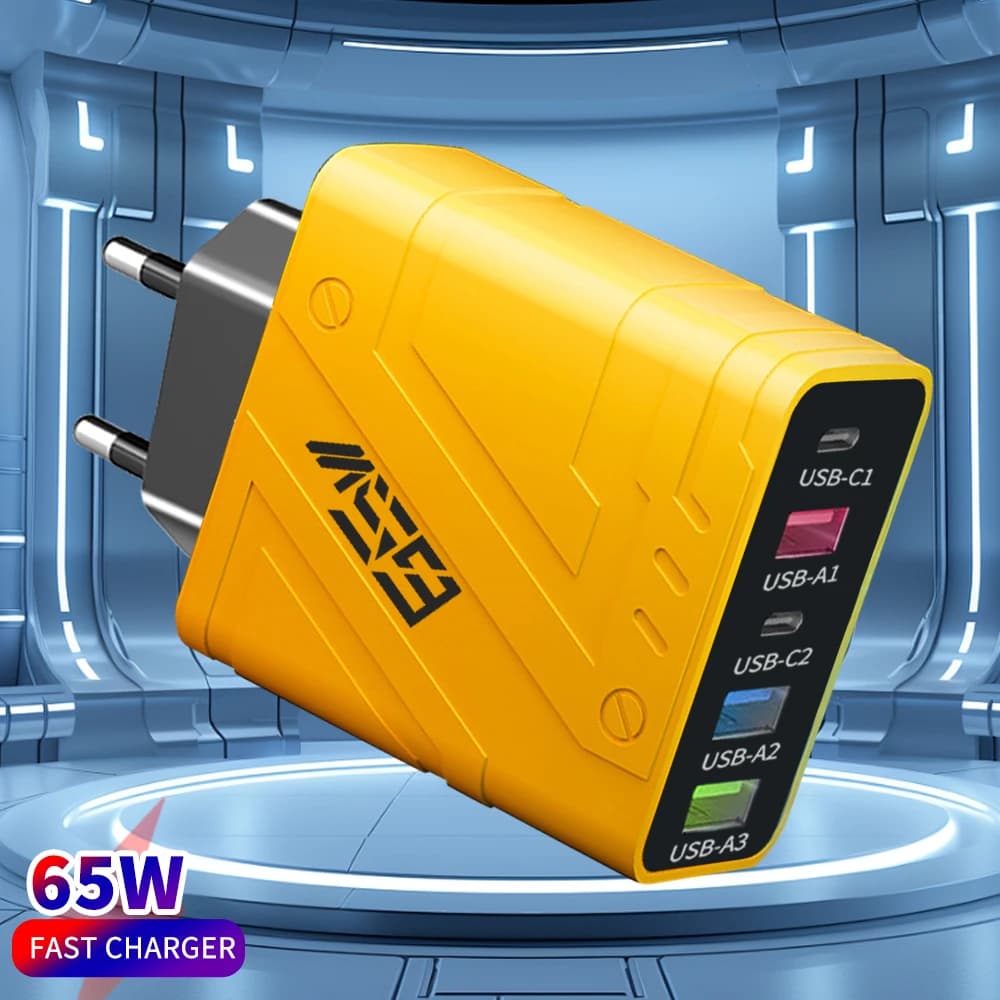 Caricabatterie USB 65W a 5 porte per cellulari, ricarica rapida PD QC 3.0, adattatore da viaggio per iPhone 15, Xiaomi, Samsung, Oneplus, con spina EU/US