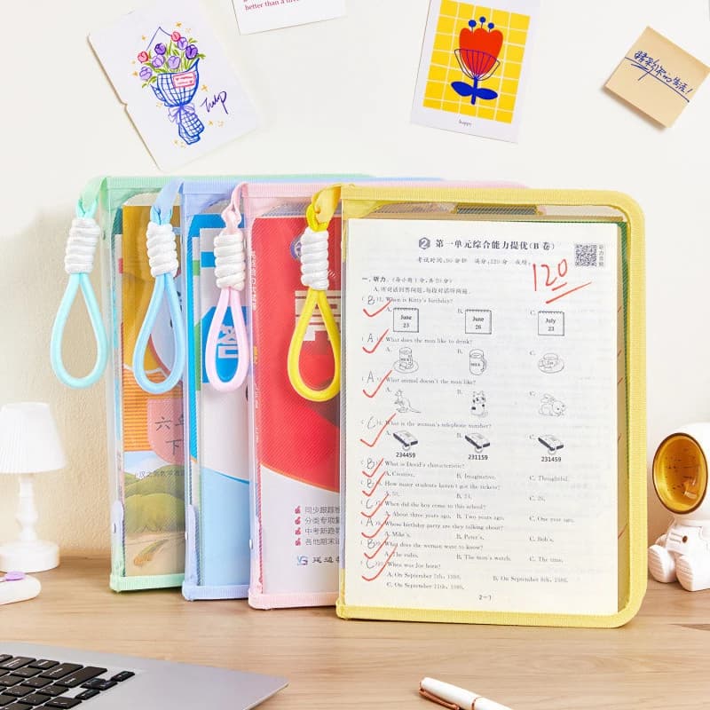 Cartella portadocumenti portatile con cerniera A4 con manico trasparente – Borsa organizer per riporre oggetti color caramello per cancelleria e documenti