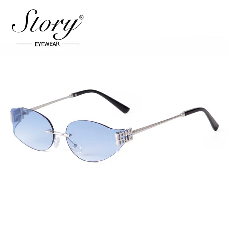 STORY Trend Y2K Occhiali da sole ovali senza cornice Donna Uomo Designer di marca Moda Montatura in argento Sfumato Blu Occhiali da sole senza montatura S8065A