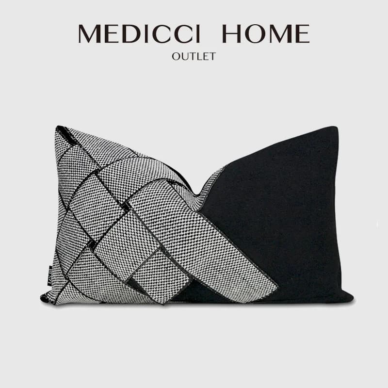 Medicci Home Fodera per cuscino decorativa italiana riccamente testurizzata, nera e grigia, con applicazioni tessute, 30x50 cm