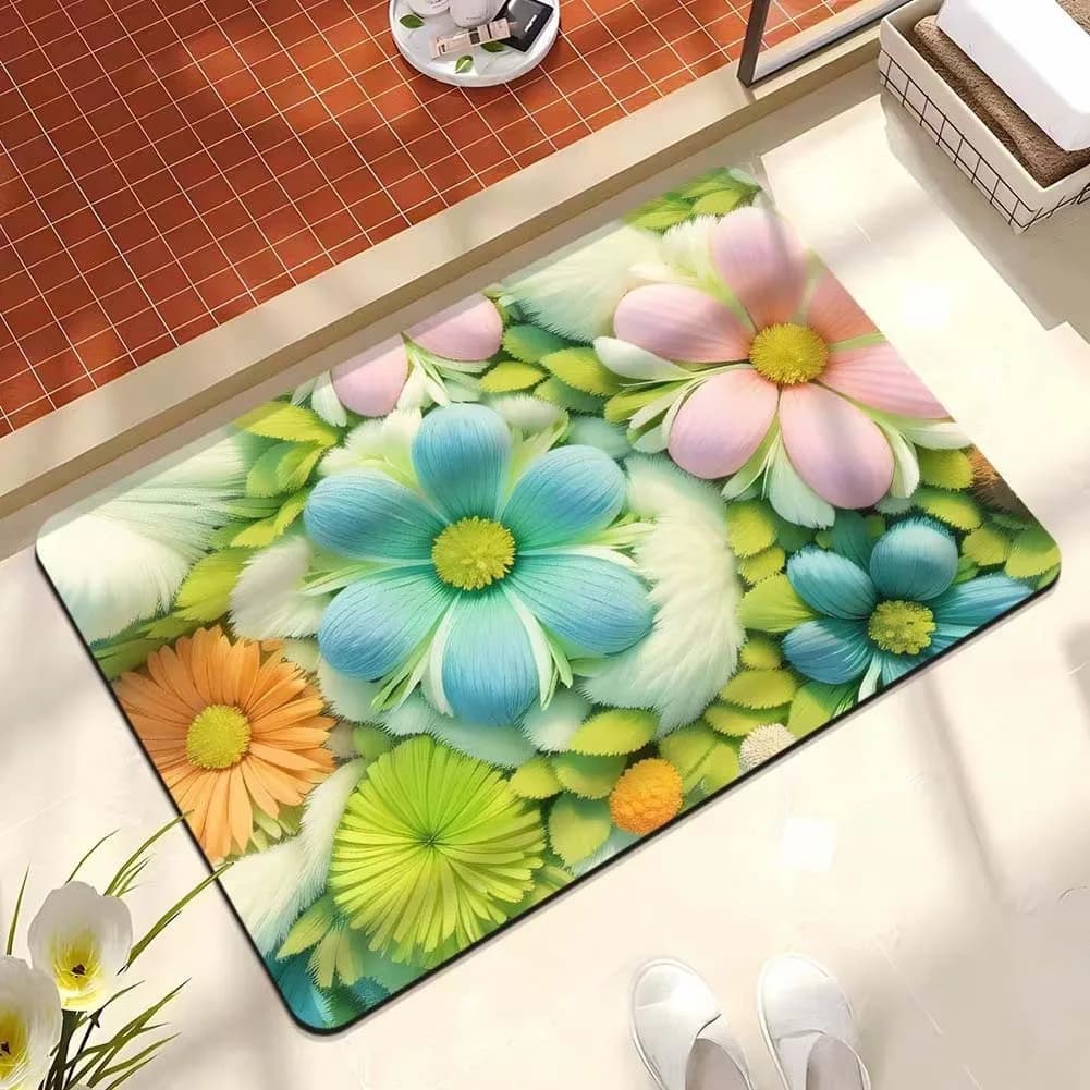 Tappetino Antiscivolo con Stampa Floreale 3D per Cucina, Soggiorno, Lavabile in Lavatrice