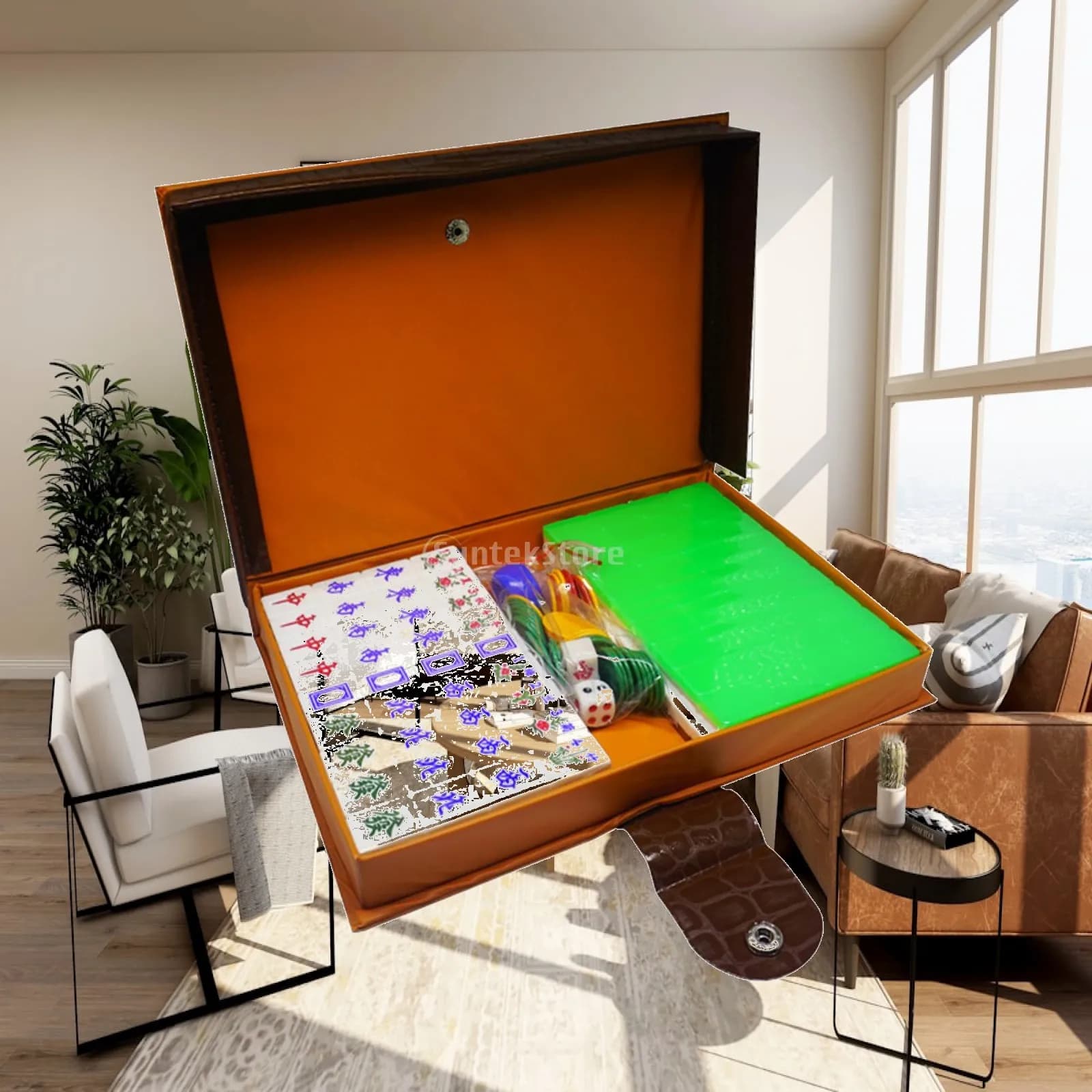 Compact Chinese Mahjong Set with Antique Leather Box 144 Tiles for Travel Party Family Entertainment Fun