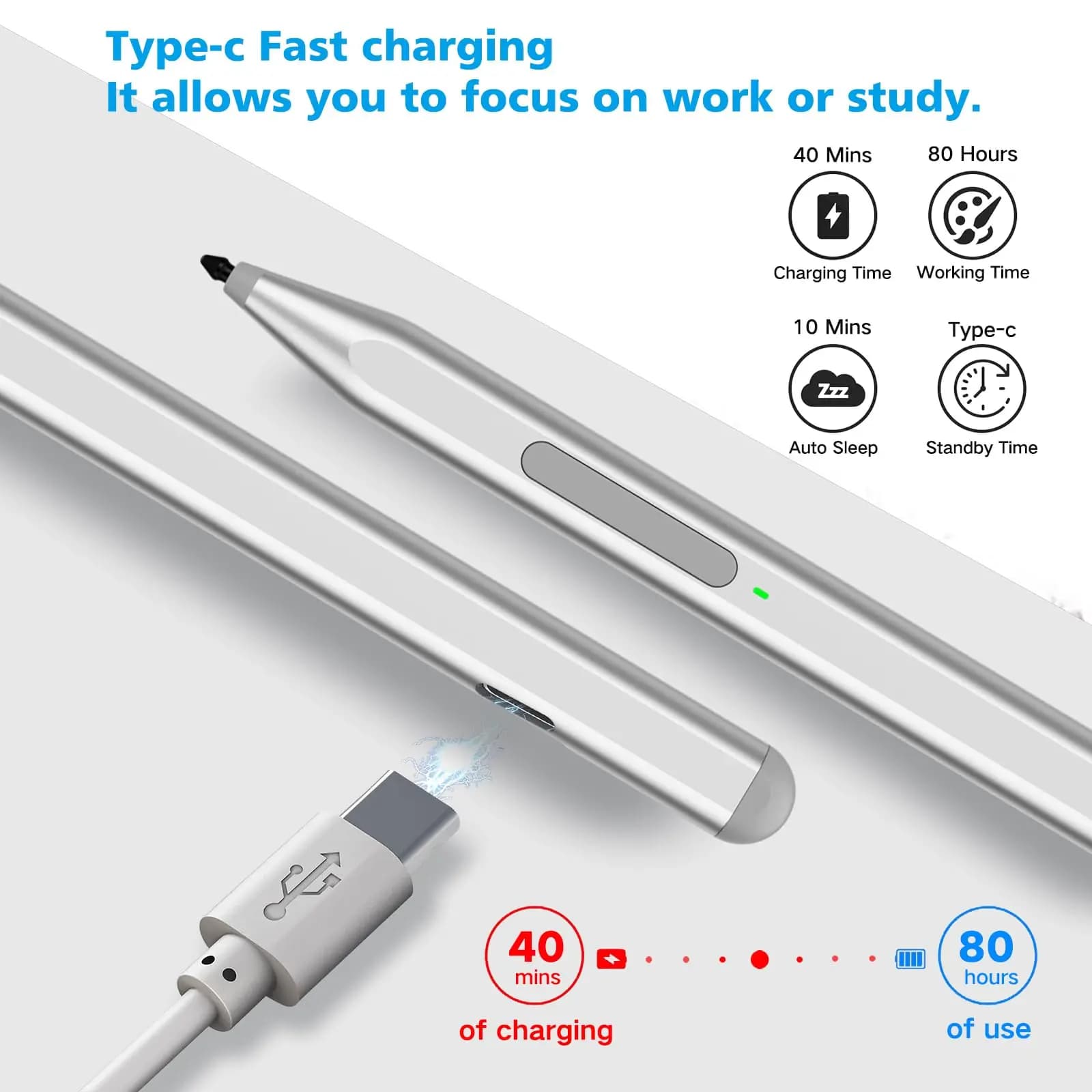 Penna Stylus per Microsoft Surface Pro11/10/9/8/X/7+/6/5/4/3, Surface Go 4/3/2/1, Surface Laptop1-6/Studio/Book 3/2/1 con Gomma