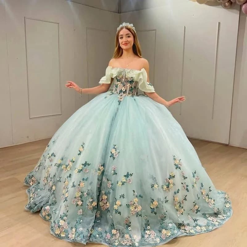 Abito Quinceanera personalizzato verde menta con spalle scoperte applique tull pizzo fiore 3D pizzo abiti da 15 Quinceanera