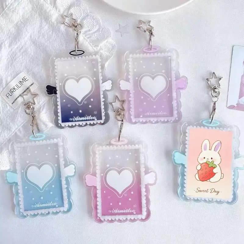 Cute Kpop Photocard Holder Clear Acrylic Angel Wing Star Keychain Anti-Scratch Photo Sleeve for Backpack Pendant Fans Gift