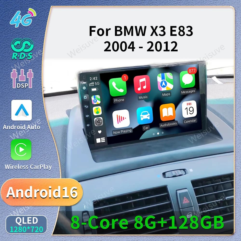 Android 16 Carplay Auto For BMW X3 E83 2004 - 2012 Car Radio GPS Player Multimedia stereo AHD Camera Navigation Video AI Voice