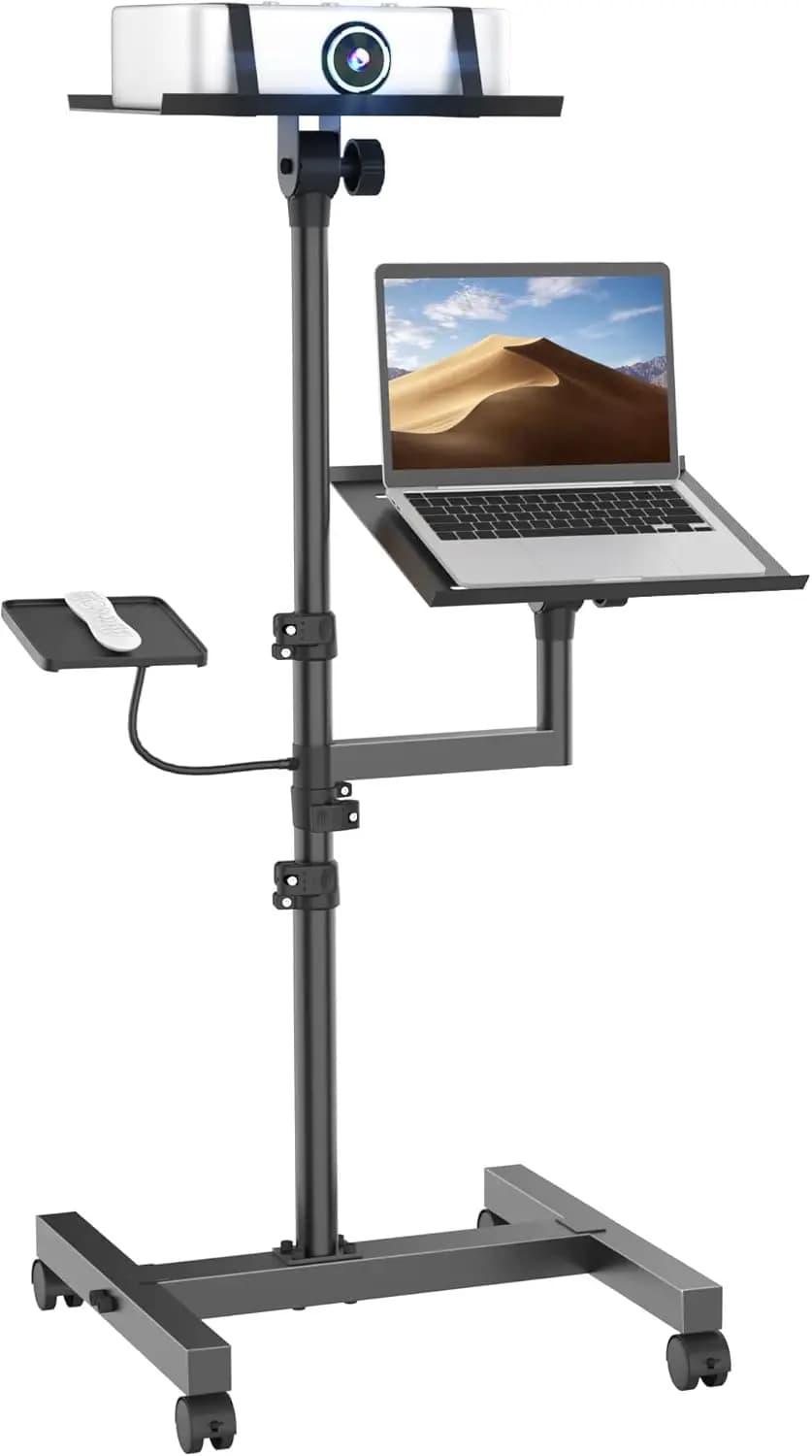 Supporto Regolabile per Laptop con Ruote, 2 Ripiani e Vassoio Ventilato per Proiettore, Podio, Uso in Riunioni