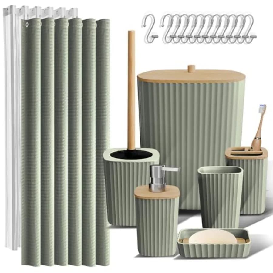 Set di Accessori per il Bagno - Set Completo, Set Tenda Doccia, Scopino WC, Pattumiera e Dispenser Sapone