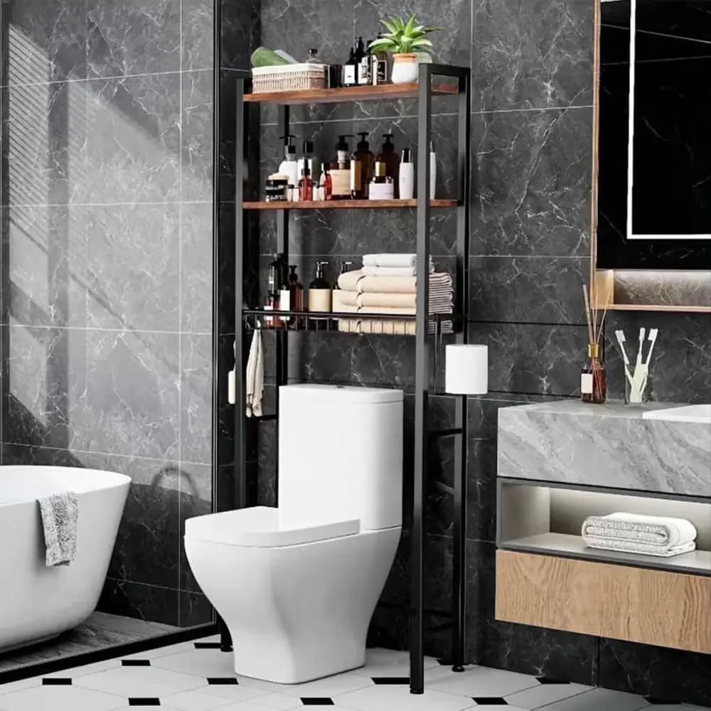 3-Tier Metal Over The Toilet Storage Rack Rustproof Adjustable Bathroom Organizer Shelf Freestanding Space Saver with Toilet Paper Holder & 3 Hooks Heavy Duty Washing Machine Shelves