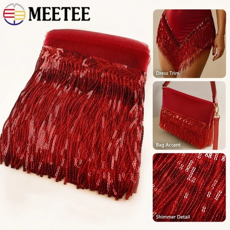 18CMx5Yards/18CMx10Yards Sequin Tassel Fringe Trim Shimmer Stagewear Latin Dance Skirt Party Dress Hem Cuff Bag Craft Accent