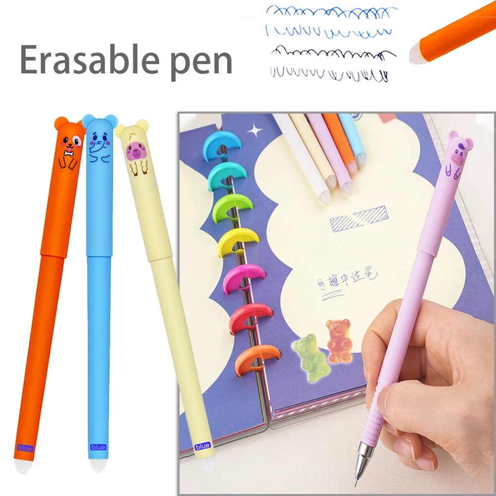 Set di Penne Gel Cancellabili JOMPENS 0.5mm Blu e Nero, Penne Creative a Forma di Maialino, Orso e Cane, Prodotti per Scuola e Ufficio, Cancelleria