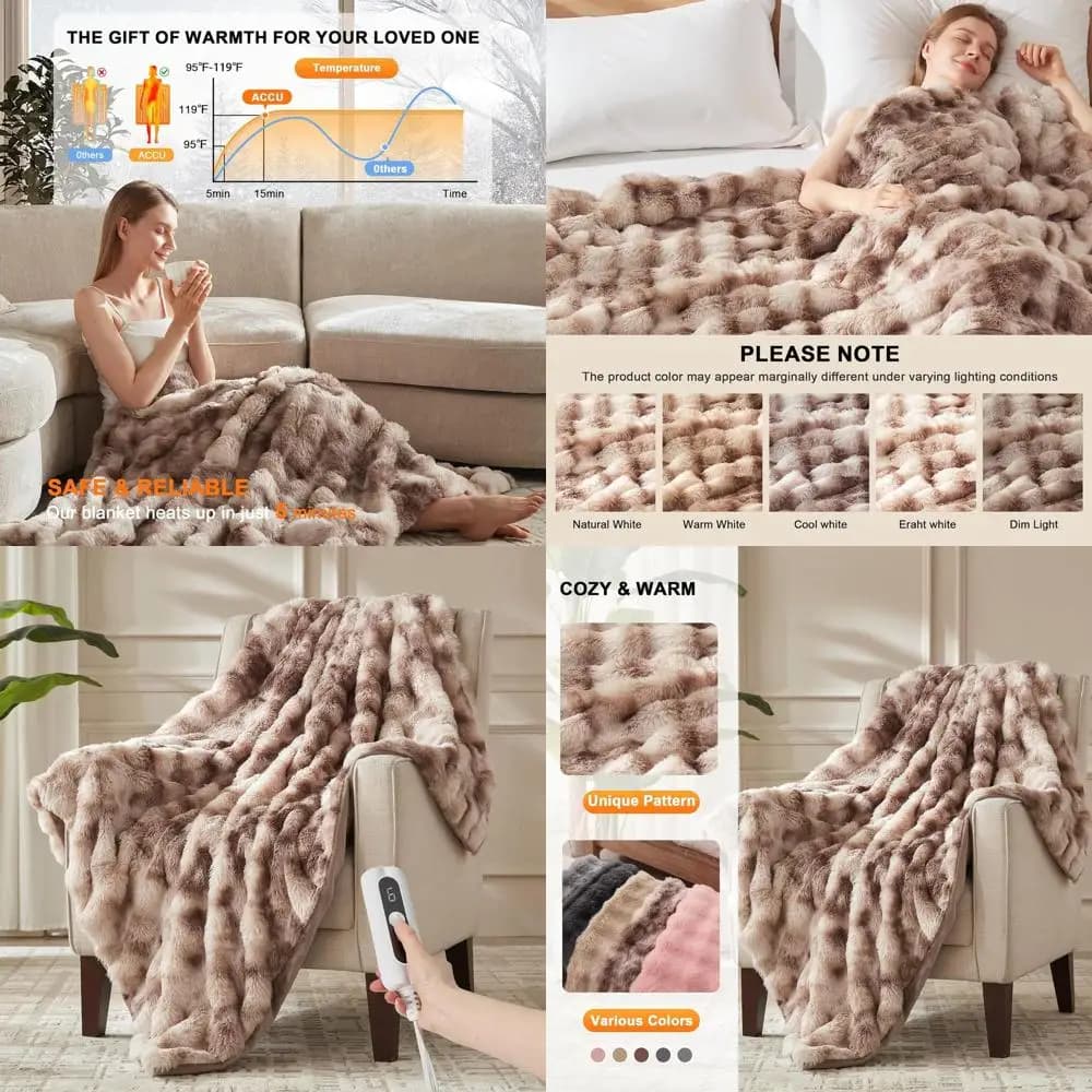 Coperta Elettrica in Finta Pelliccia Spessa, 6 Impostazioni di Calore, Spegnimento Automatico, Lavabile in Lavatrice, 50x60