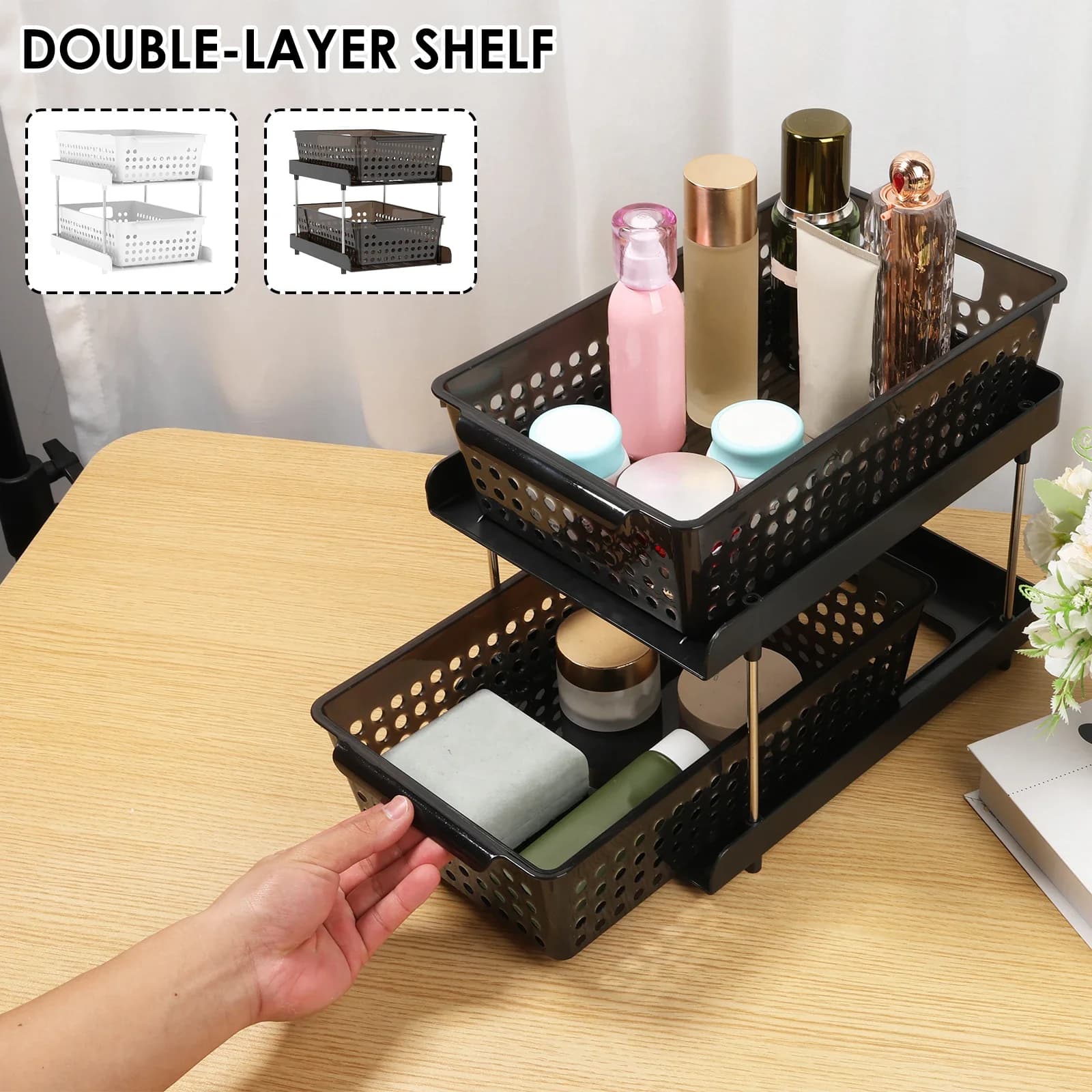 Organizzatore per armadietto sotto il lavandino a 2 livelli, versatile, estraibile, salvaspazio, ripiani solidi per lavabo, per il bagno