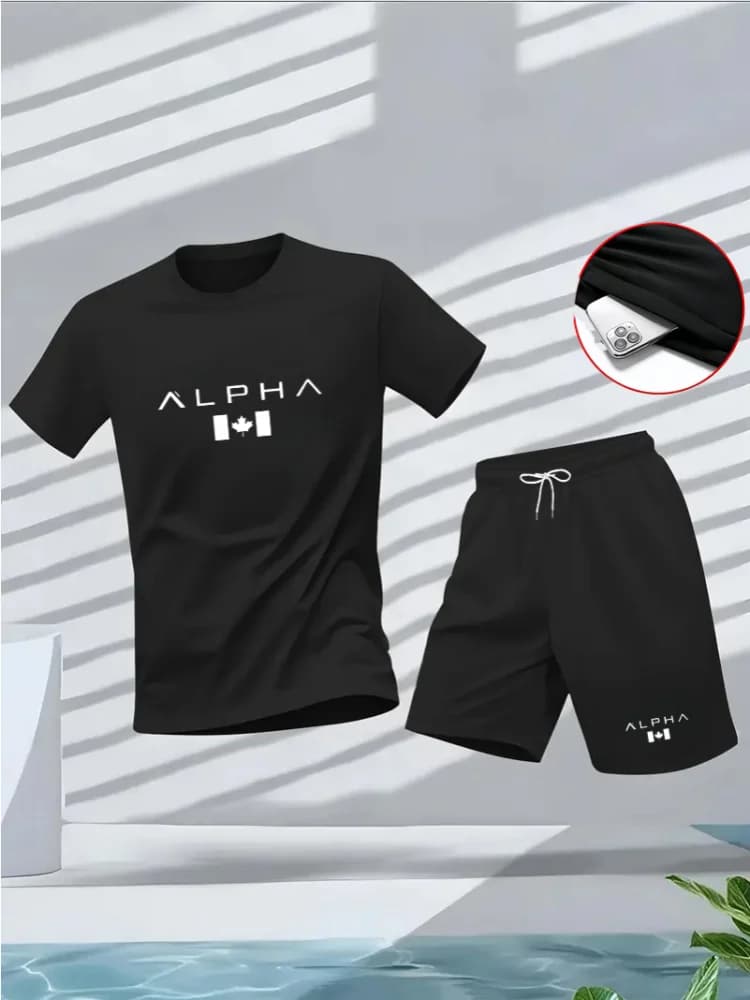 Men's summer fitness and sportswear set, round-neck short-sleeved T-shirt fashionable and casual