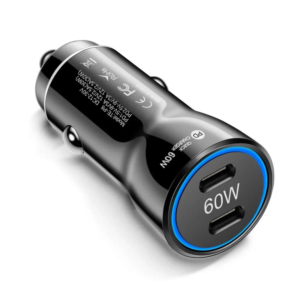 Adattatore di ricarica rapida Caricabatteria da auto da 60 W per ricarica da viaggio Protezione da surriscaldamento Materiale PC Uscita totale da 60 W per smartphone