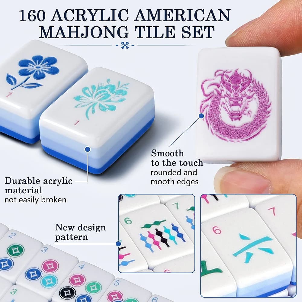 Hot Sale Acrylic American Mahjong Set Four Layer Carved Mahjong Tiles Deep Blue Travel Mah Jongg Set for Adult Board Games Gifts