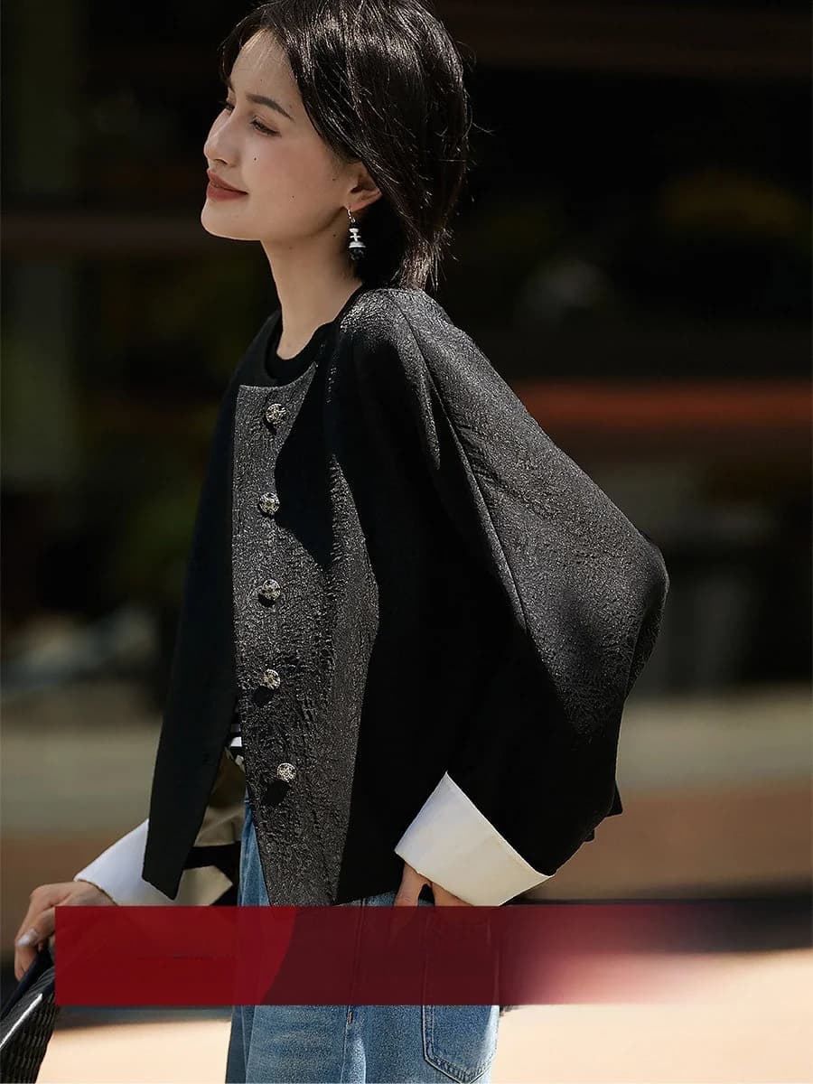 Xhange Cappotto Corto in Lana da Donna Stile Business con Ricamo Floreale Orientale di Lusso, Collo Rotondo e Bottone Singolo