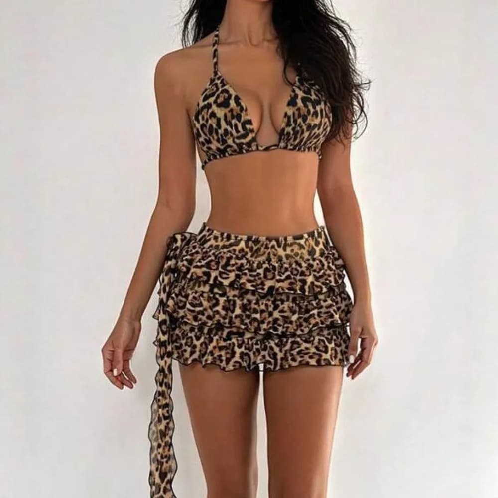 Leopard Print 3-Piece Bikini Set Women Swimsuit Beach Swimwear Summer Bathing Suit