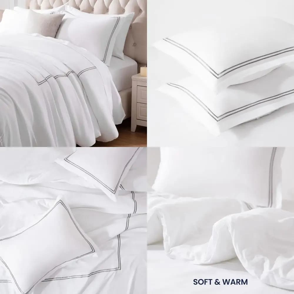 Set grey striped Queen Size duvet, luxury hotel style in 3 pieces, light alternative washing machine, 90x95