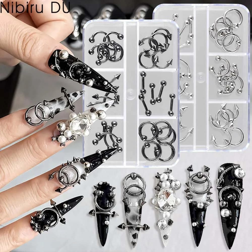 40pcs 6Grids Mixed Shaped Punk Arrow Nail Art Rivets Zinc Alloy Y2k Nail Parts Piercing DIY Decorations Accessoires
