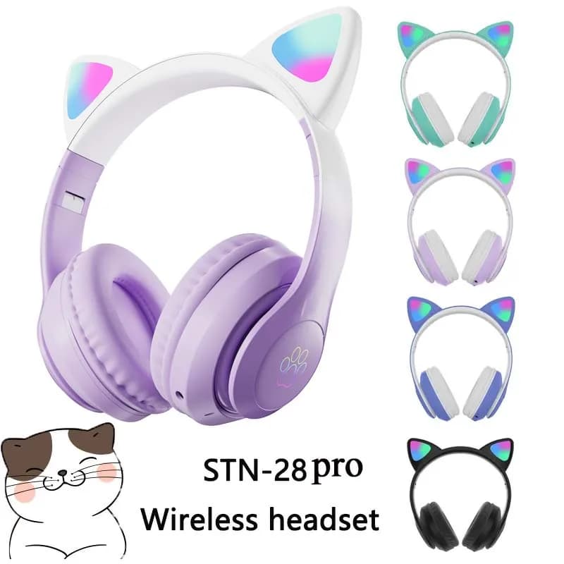 Nuovissime Cuffie Wireless STN-28 con Orecchie di Gatto, Bluetooth 5.0, Luci LED Lampeggianti, Auricolari Sportivi e per il Tempo Libero, Regalo per Bambini