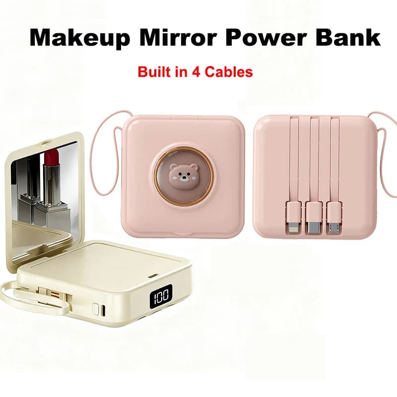 Mini Power Bank from 20000 mAh Portable integrated charger with 4 cables Nice mirror for pet comic makeup Powerbank External battery Power Bank