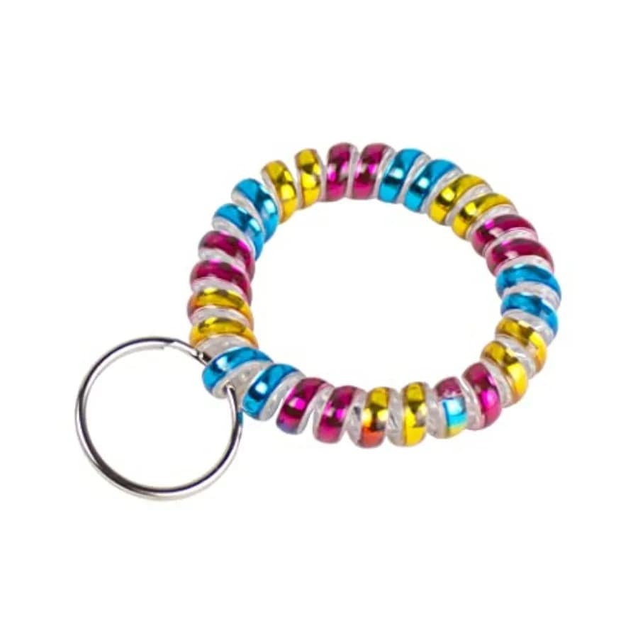2" Diameter Spiral Wrist Coil with Steel Key Ring, Flexible Wrist Band Key Chain Bracelet, Stretches to 12"