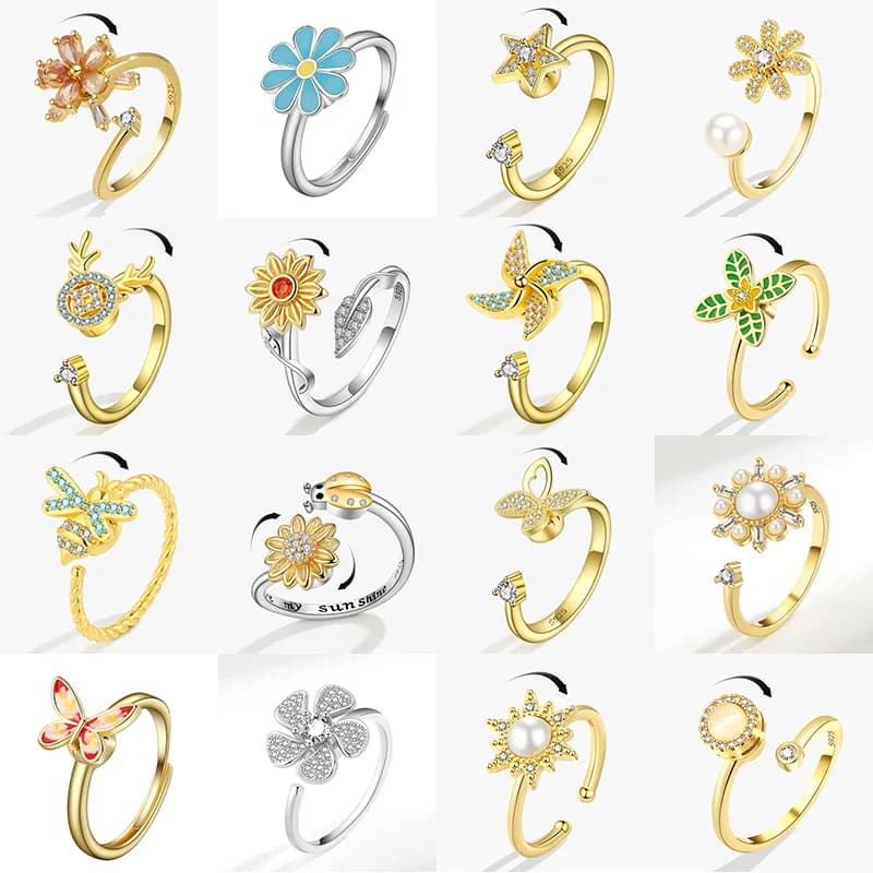 SMJEL Fidget Spinner Anello Ansia per le donne Fiore di cristallo Ape Farfalla Charms Anelli girevoli Gioielli da sposa regolabili Ragazze
