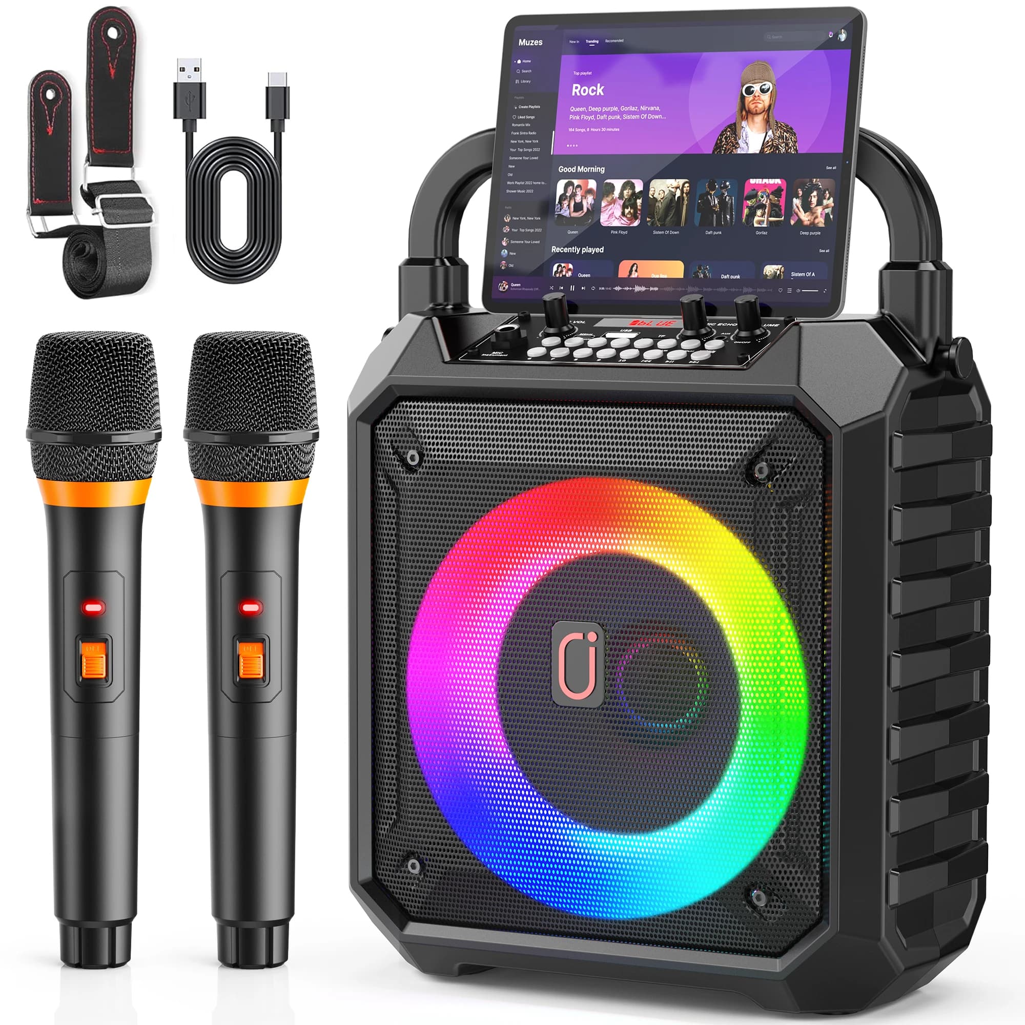 Altoparlante Karaoke Portatile FanFun con Bluetooth 5.3, Sistema PA per Feste in Casa con Subwoofer, Luci Disco, Supporta TV/REC/FM/AUX/USB/TF