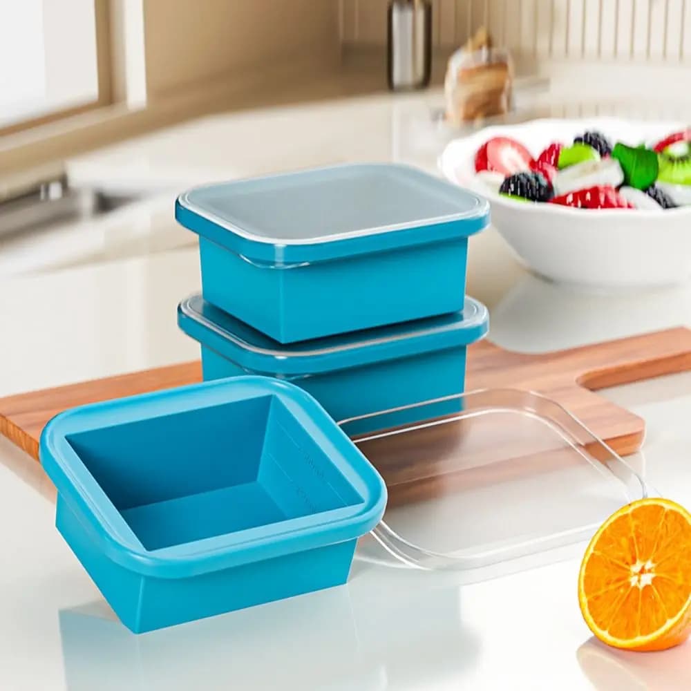 Contenitore per Alimenti in Silicone di Grandi Dimensioni con Coperchio in Plastica, Contenitore per Freezer, Design Impilabile, Stampi per Ghiaccio Facili da Sformare