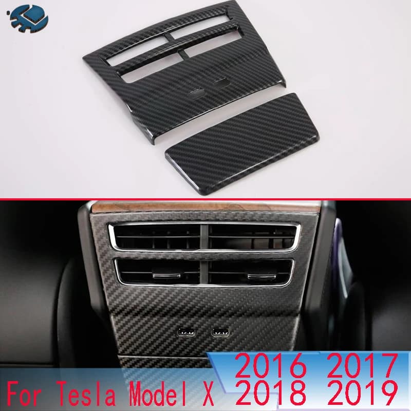 Accessori Auto per Tesla Model X 2016-2019, Cornice Decorativa Stile Fibra di Carbonio per Bracciolo e Bocchette Aria Posteriori