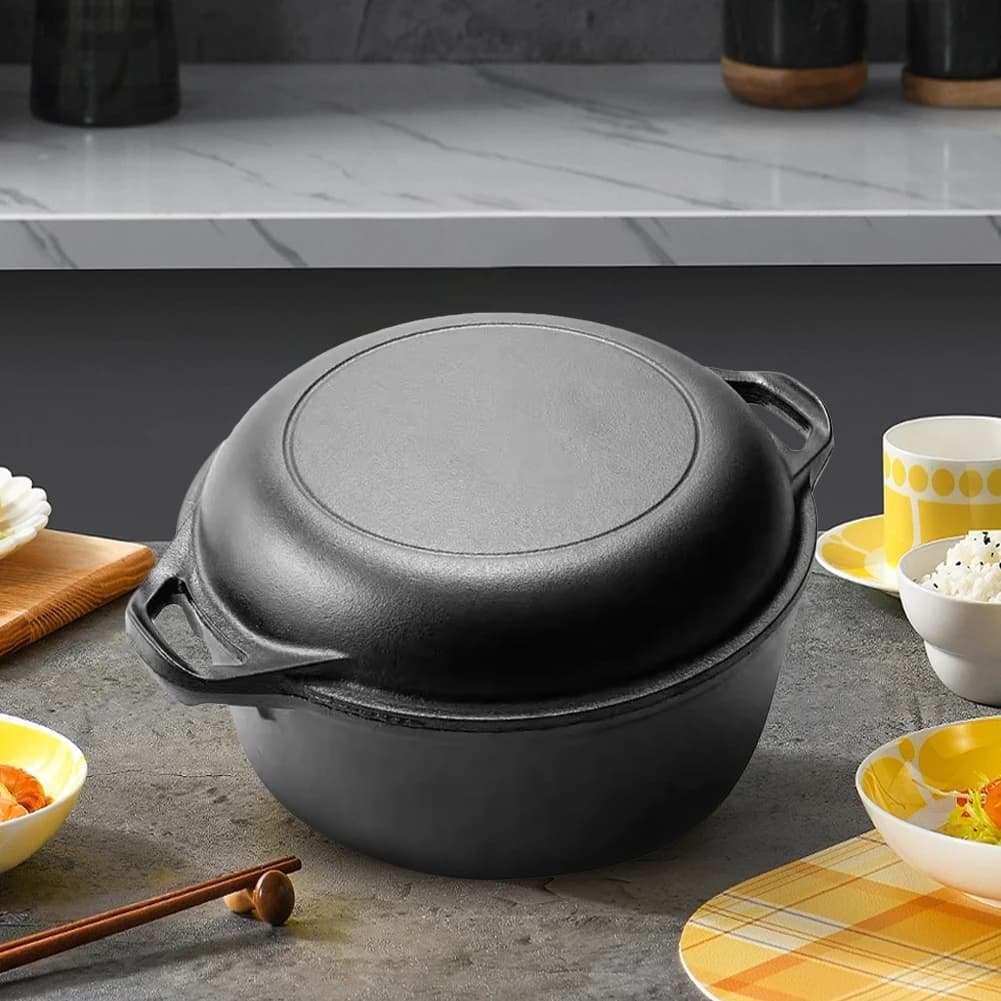 Set of Cast Iron Pens 2 in 1 with Cover and Double Handles for Baking Bread, Frying and Baking