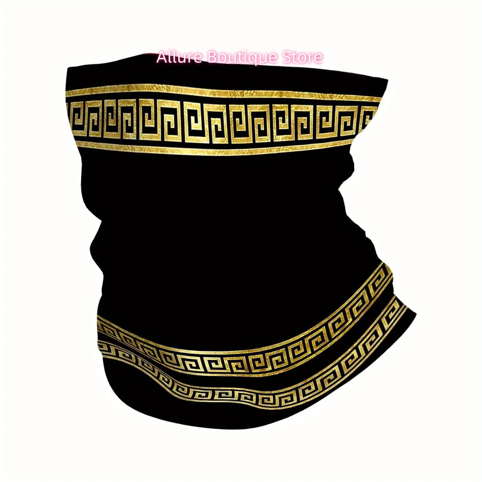Golden Greek Key Pattern, Black Background, Vertical Design Print Scarf, Multi-Functional Mask And Neck Mask, Suitable for Outdo